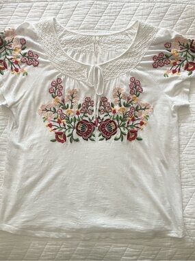 Anthropologie Off-White Peasant Blouse with Pink & Red Floral Embroidery